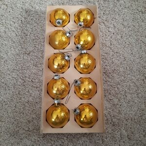 Vintage Mr. Christmas Metallic Gold 10 Piece Glass Ornaments Set Medium Bulbs